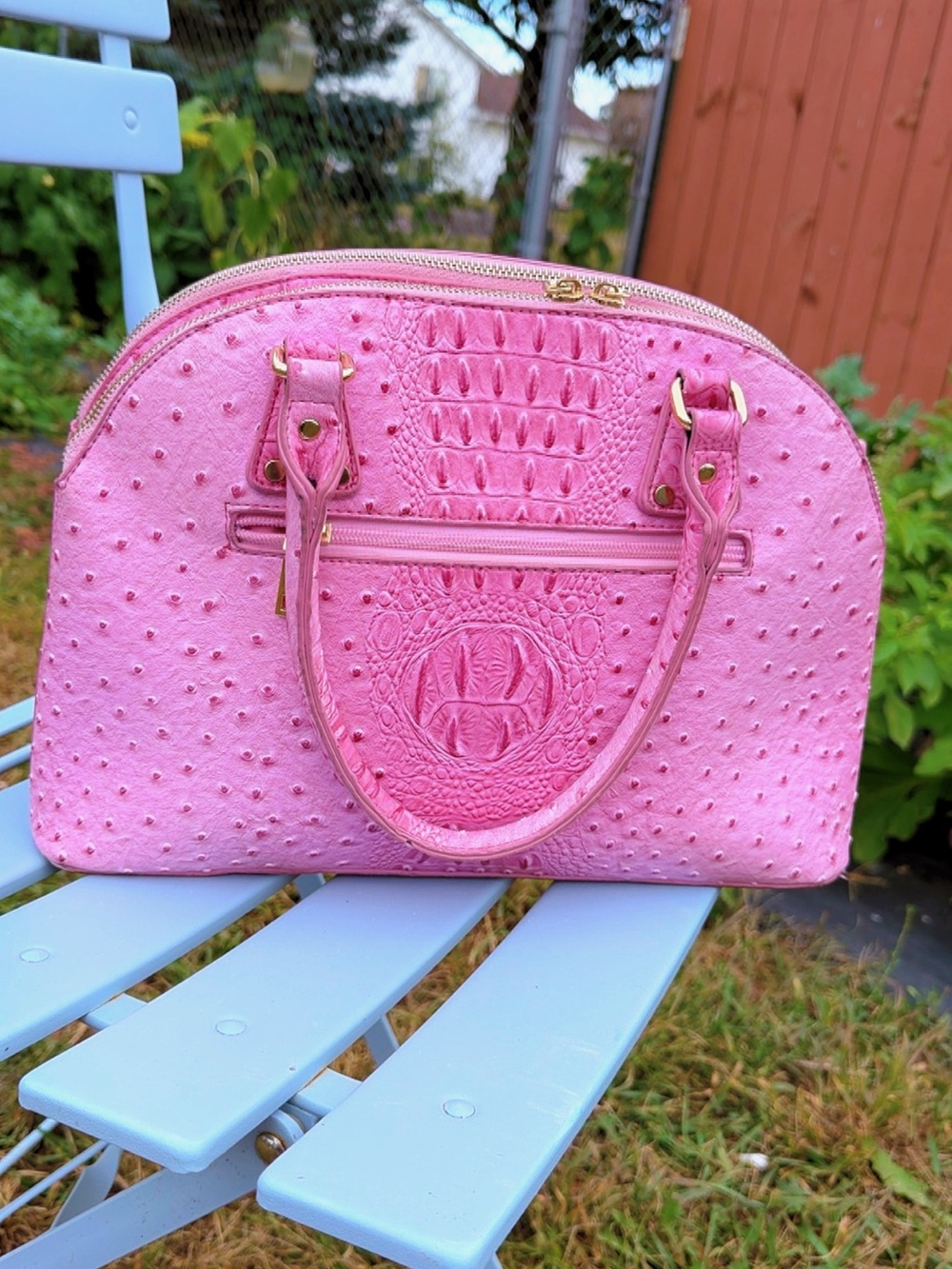 Textured Pink Dome Satchel Handbag with Gold Hardware